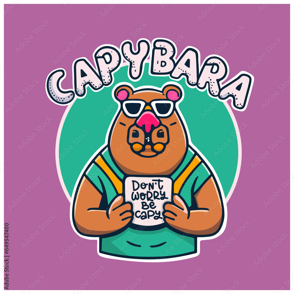 Vector handdrawn illustration, cute capybara with the inscription Don t worry be capy, trend. Idea for poster, postcard, sticker.  
