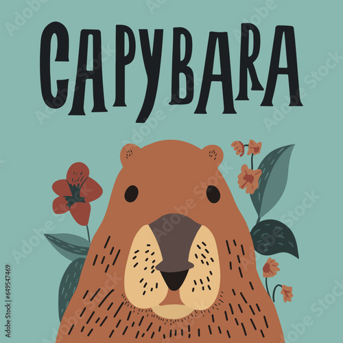Vector handdrawn illustration, cute capybara, trend. Idea for poster, postcard, sticker.  
