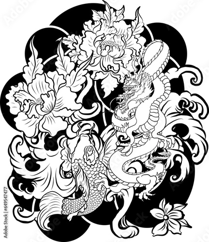 Chinese dragon with peach blossom and cloud tattoo.Japanese tattoo with water splash and black cloud.koi fish carp and tiger illustration for T-shirt background.Dragon and koi fish battle on wave,