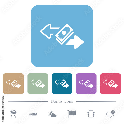 Money transactions flat icons on color rounded square backgrounds