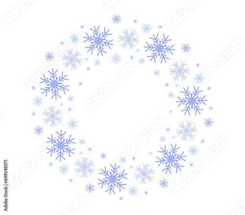 Snowflakes, round frame. Winter, Christmas pattern, delicate decoration, wreath of ice flakes. A lace ring of delicate snowflakes to decorate a banner, congratulations, greetings. Vector illustration.