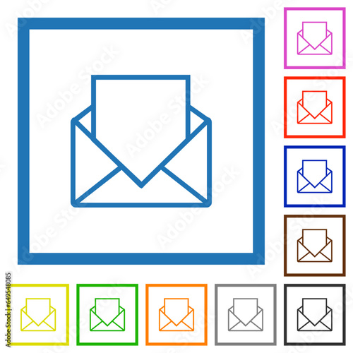 Open mail with blank letter outline flat framed icons