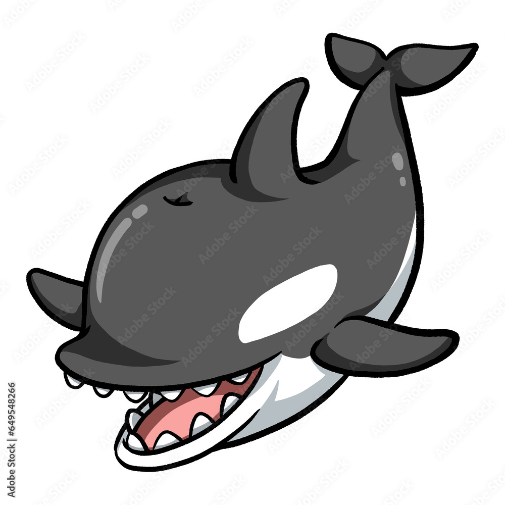 Fototapeta premium Funny animal illustration. Killer whales have a black body, white belly, and have stripes like eyes on the sides of the body.