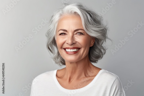 Beautiful gorgeous 50yo mid age beautiful elderly senior woman with grey hair laughing and smiling. Mature old lady close up portrait. Healthy face skin care beauty, skincare cosmetics, dental.