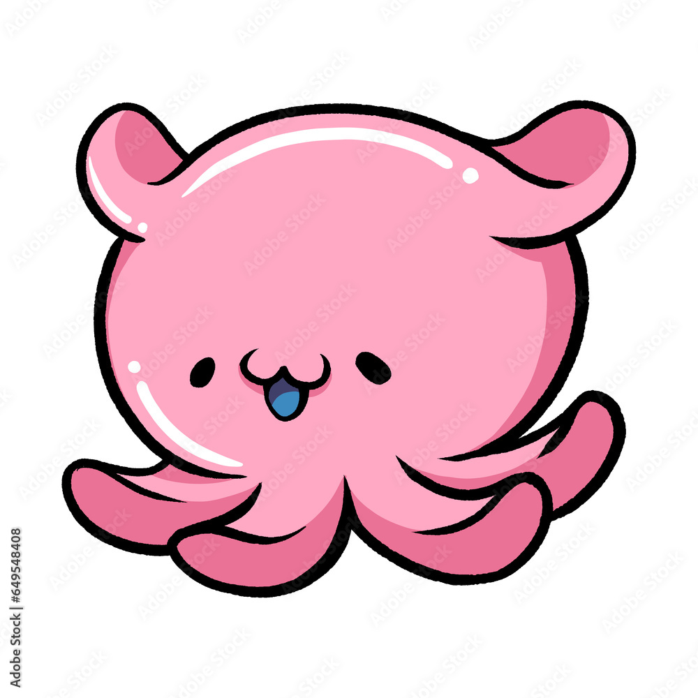 Funny animal illustration. Pink dumbo octopus has fins on his head like Dumbo's ears.