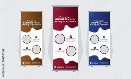 Agency stands roll up banner design stands template layout with 3 design , 3 color . editable roll-up banner vector template. Corporate business advertising marketing
Modern and colorful fluid style.