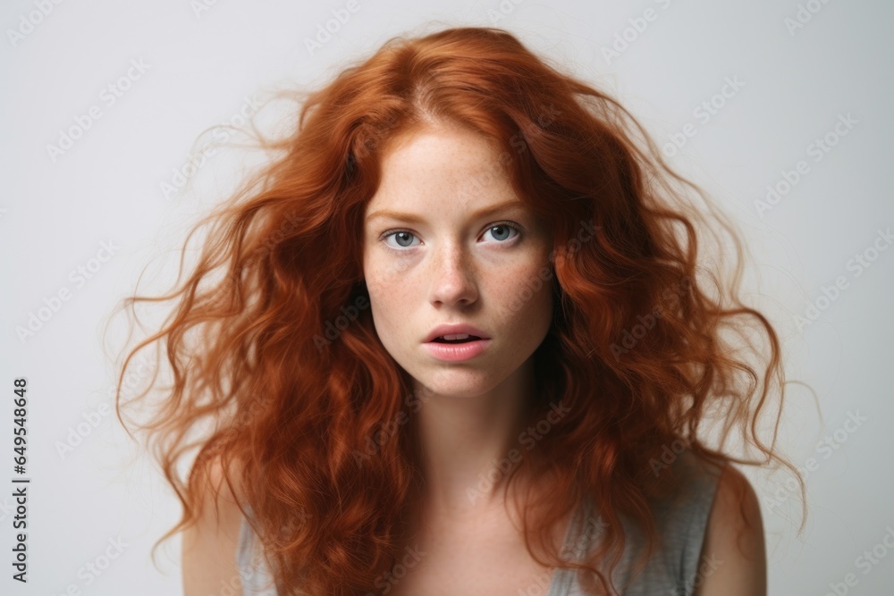 Redhead young woman on a light gray background in the studio, emotional female portrait. Redhead young woman on a light gray background in the studio, emotional female portrait.