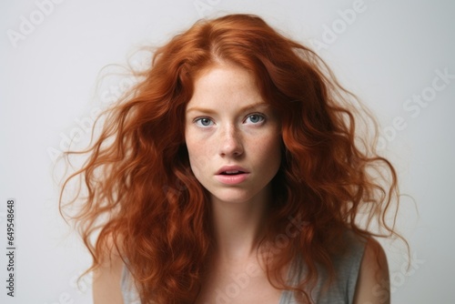 Redhead young woman on a light gray background in the studio, emotional female portrait.