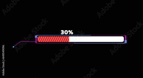 Progress bar animation with callout and loading bar inside red white fill tone with numeric and 30 percent text motion on the black screen