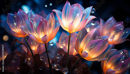 A vibrant bouquet of colorful flowers reflects in a pond generated by AI