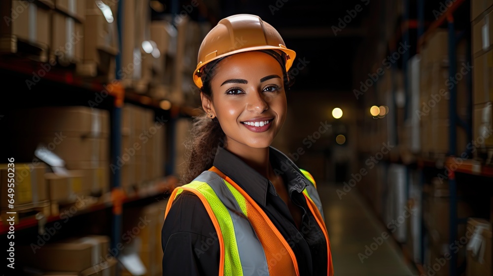 Professional female worker wearing a hard hat checks stock and inventory. Retail warehouse full of shelves Professional female worker wearing a hard hat checks stock and inventory. Retail warehouse full of shelves