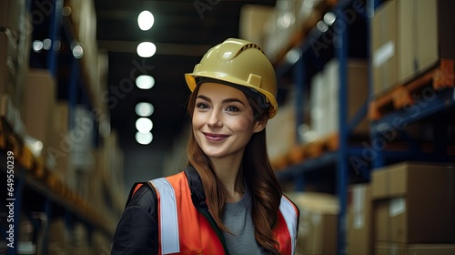 Professional female worker wearing a hard hat checks stock and inventory. Retail warehouse full of shelves