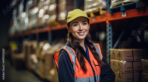 Professional female worker wearing a hard hat checks stock and inventory. Retail warehouse full of shelves