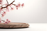 Japanese style architect wood podium cosmetics with Sakura flower a branch background, For branding and product display presentation, 3d Empty minimal stage identity and packaging design, ai generate