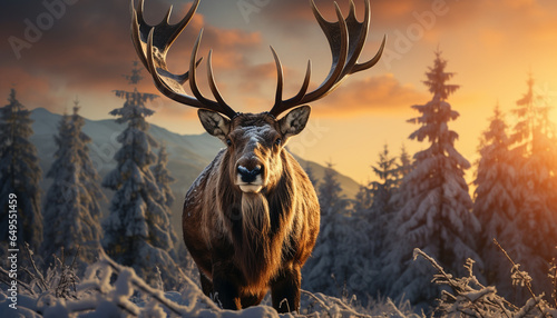 Majestic stag grazes in snow covered meadow, embracing winter tranquility generated by AI