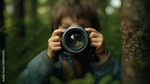 Niño pequeño aprendiendo fotografía