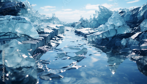 Frozen blue water reflects the majestic beauty of icy mountains generated by AI