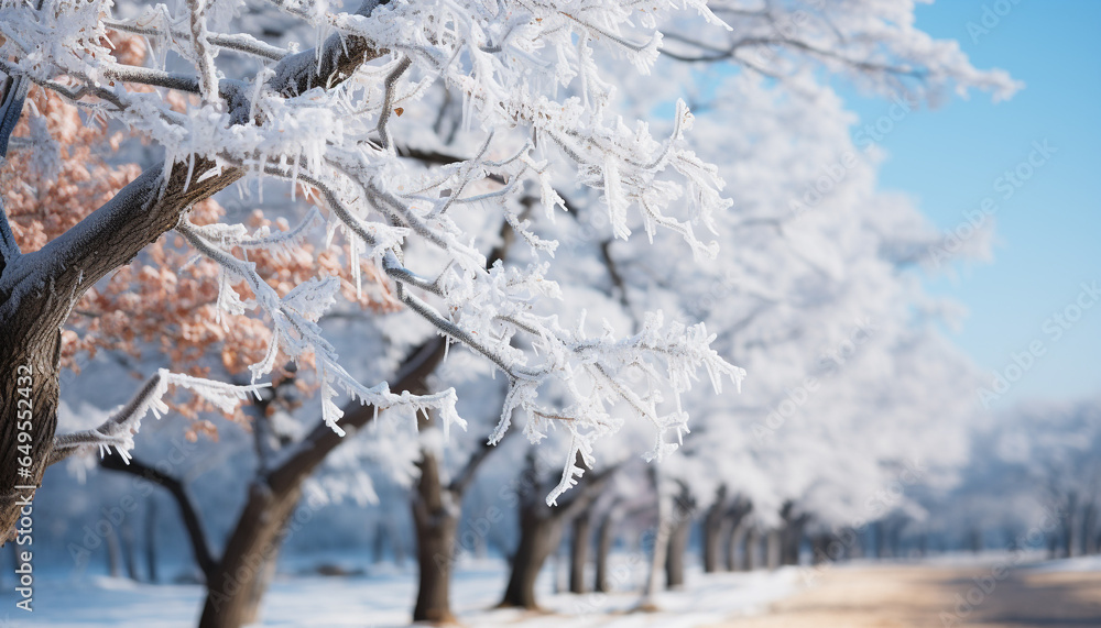 Winter beauty snow covered trees create an idyllic, tranquil landscape generated by AI
