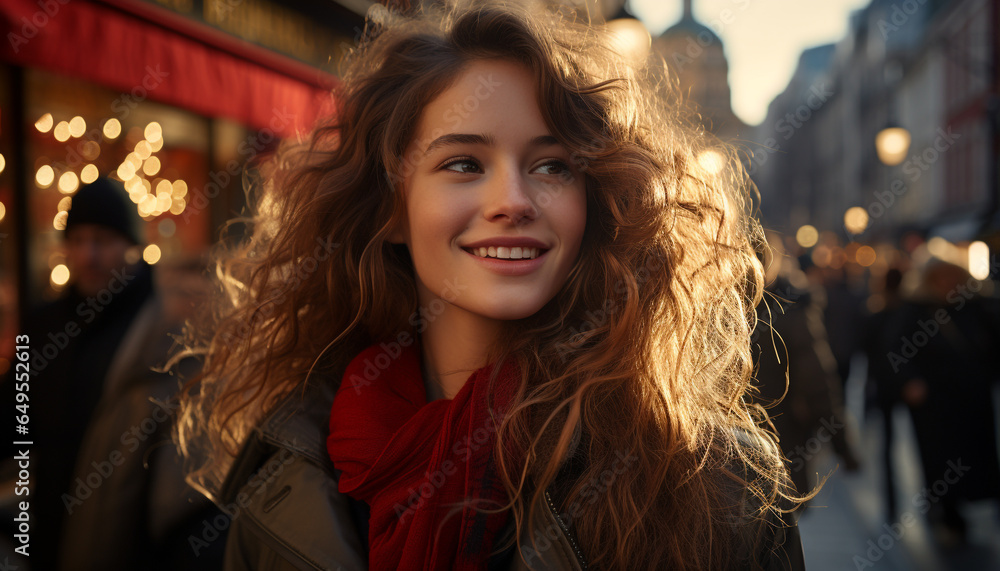 Smiling young woman enjoying winter, looking at camera confidently generated by AI Smiling young woman enjoying winter, looking at camera confidently generated by AI