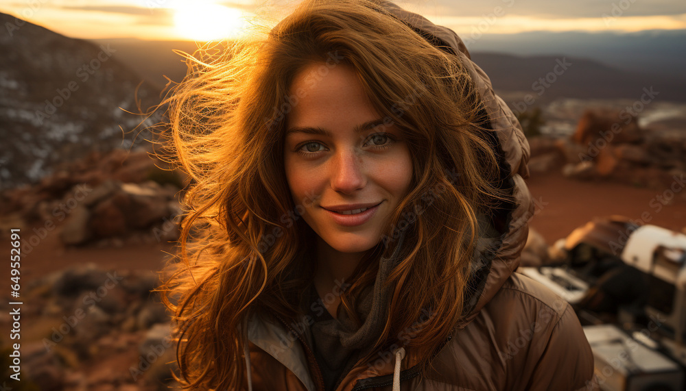 Young woman smiling, looking at camera, enjoying nature beauty generated by AI Young woman smiling, looking at camera, enjoying nature beauty generated by AI