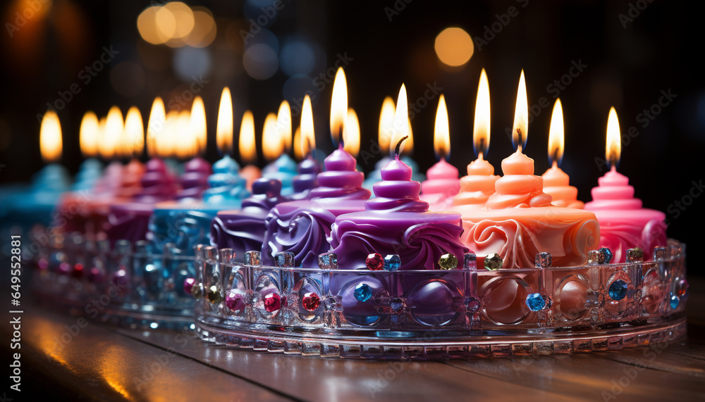 Multi colored candles burning, illuminating the night with vibrant celebration generated by AI Multi colored candles burning, illuminating the night with vibrant celebration generated by AI