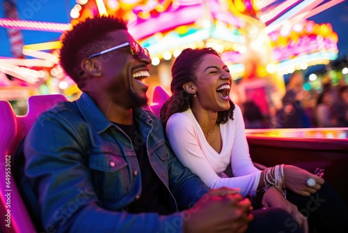 Couple in the amusement park with bokeh light background.