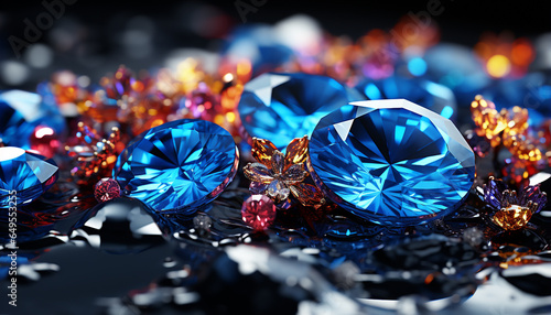 Luxury jewelry, shiny gemstone, wealth, precious diamond, vibrant blue reflection generated by AI