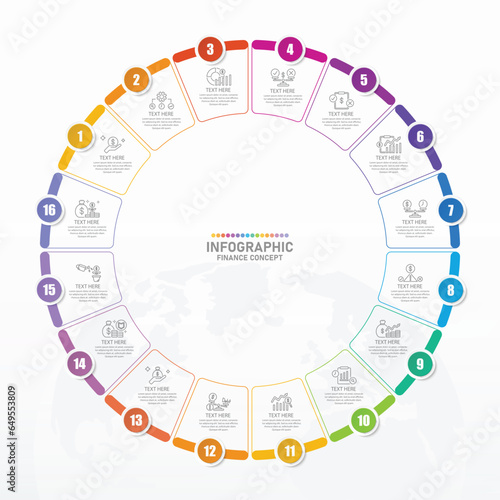 Basic circle infographic with 16 steps, process or options.