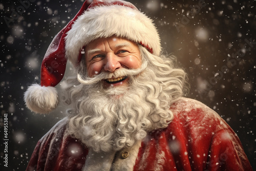 A close-up Santa Claus reveals his warm, benevolent countenance, marked by cheerful smile on snowy scene bokeh background, adding to enchanting ambiance of moment. Generative AI.
