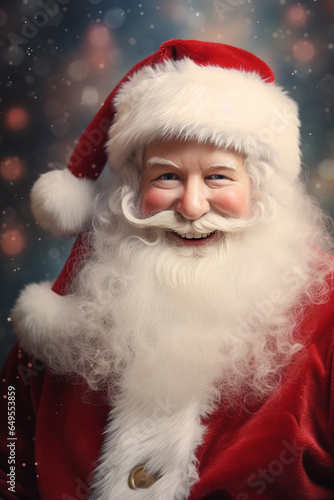 A close-up Santa Claus reveals his warm, benevolent countenance, marked by cheerful smile on snowy scene bokeh background, adding to enchanting ambiance of moment. Generative AI.