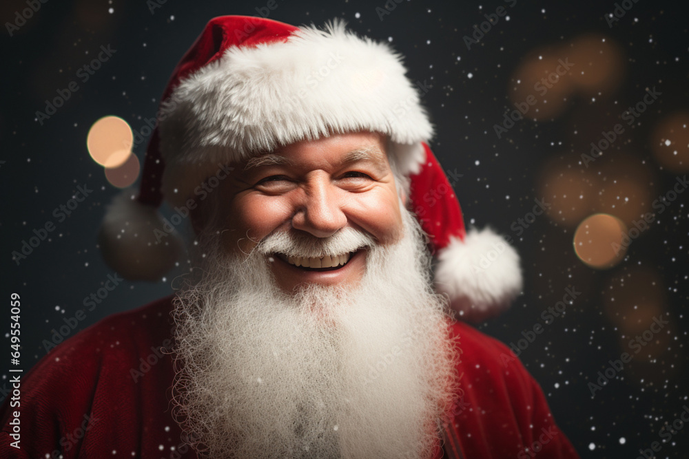 A close-up Santa Claus reveals his warm, benevolent countenance, marked by cheerful smile on snowy scene bokeh background, adding to enchanting ambiance of moment. Generative AI. A close-up Santa Claus reveals his warm, benevolent countenance, marked by cheerful smile on snowy scene bokeh background, adding to enchanting ambiance of moment. Generative AI.