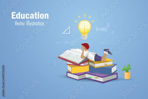 Education, back to school and reading as knowledge concept. Kid reading books with smart brain in lightbulb and flying school elements for student inspiration and imagination. 3D vector.