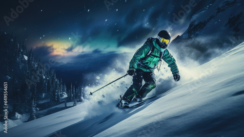A skier skis down a mountain at night