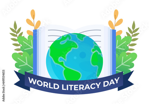 International Literacy Day flat vector illustration banner with opened book and globe, 8th September, Reading books, World Literacy Day celebration, Happy Literacy Day!