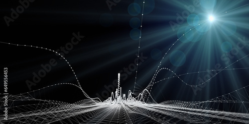 Abstract background graph  wavy grid with spheres and llight. Technology wireframe interlacement concept in virtual space. Banner for business, science and technology data analytics. Big Data.