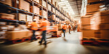 Blurred image of warehouse employees in action, moving shipment boxes efficiently