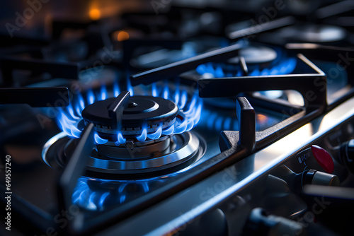 Blue kitchen gas stove flame in kitchen, black cast iron frame near photo