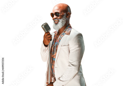 Music, microphone and senior black man singer isolated on a transparent background for concert or performance. Party, jazz or karaoke with a happy elderly person singing a song on PNG at an event