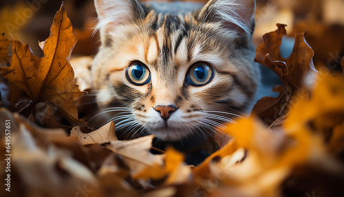 Cute kitten playing in autumn forest, looking at camera generated by AI © Gstudio