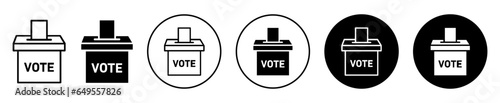 voting ballot box icon. Government  State assembly election polling booth symbol set. Political candidate elect voter card ballot box vector sign. Vote or poll container line icon.