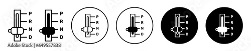 Automatic transmission shifter knob icon. Car drive mode in gearbox symbol set. Automatic gear shift switch hand operated vector line sign.