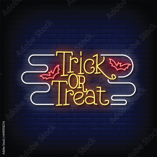 Neon Sign trick or treat with brick wall background vector