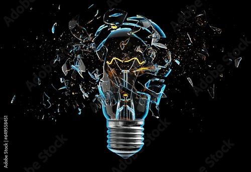 Exploding light bulb on a blue background, 