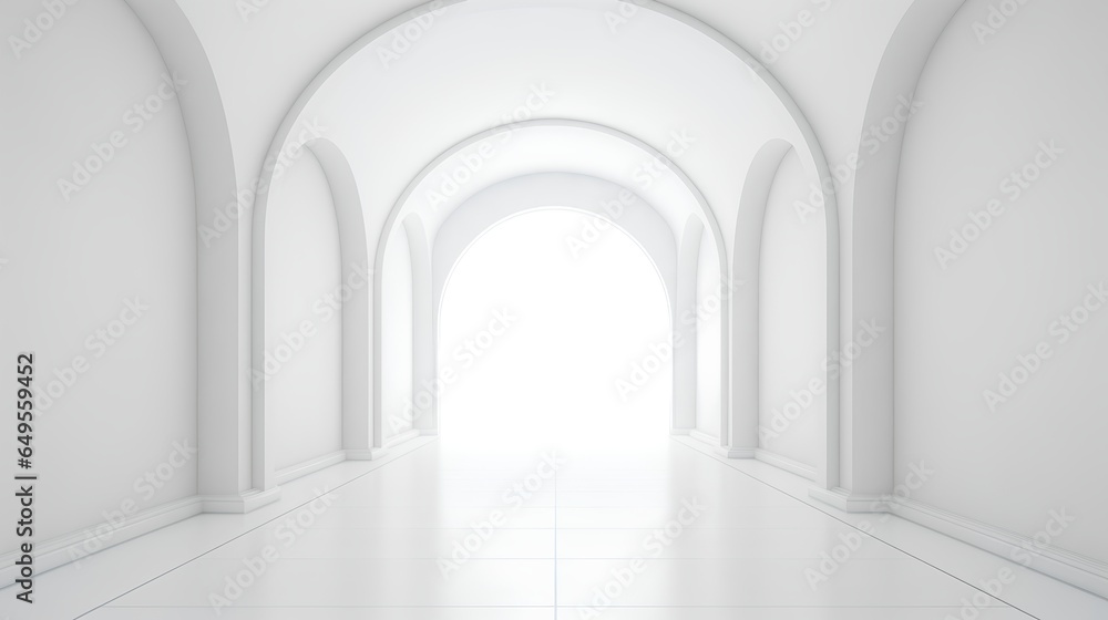 A spacious, empty white hall with a minimalist style. The room is bathed in natural light, highlighting the clean lines and simplicity. The stark white walls and floor create a blank canvas.
