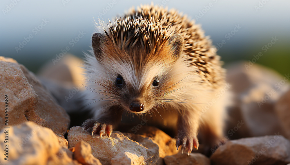 Cute small hedgehog looking at camera in nature generated by AI Cute small hedgehog looking at camera in nature generated by AI