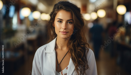 Beautiful woman, confident and smiling, looking at camera outdoors generated by AI