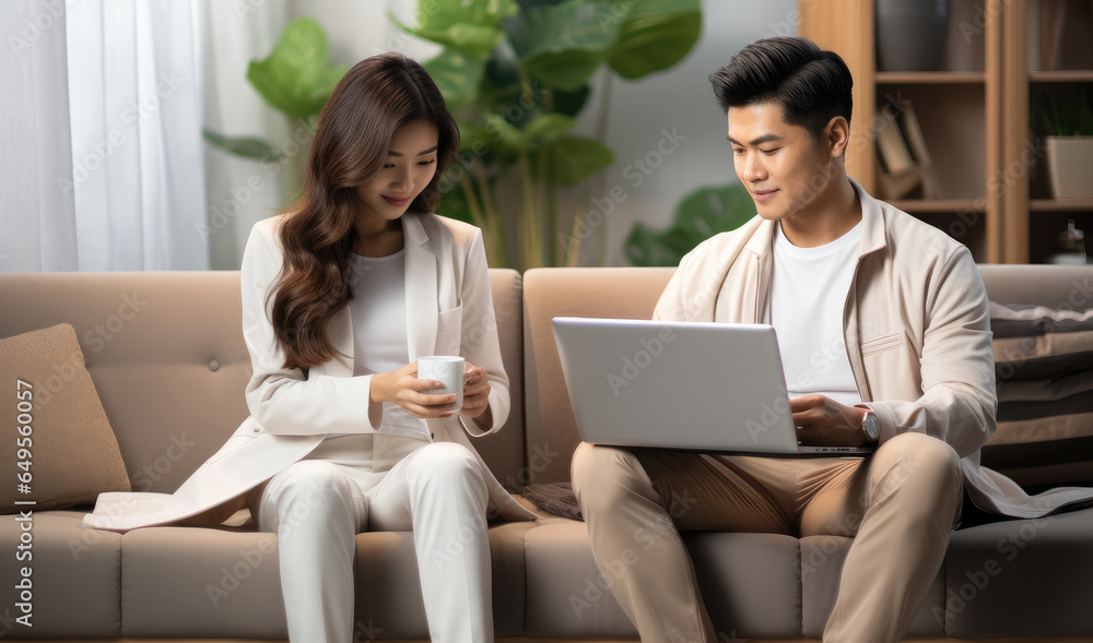 Asian couple sitting on a couch working on laptops.