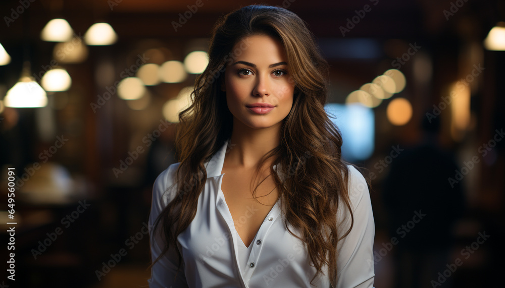 Beautiful woman with brown hair looking at camera outdoors generated by AI Beautiful woman with brown hair looking at camera outdoors generated by AI