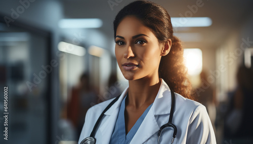 Young woman doctor looking at camera with confidence and expertise generated by AI