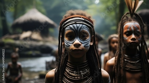 Children from a tribe with cultural tattoos, Ancient tribes in Indonesia.